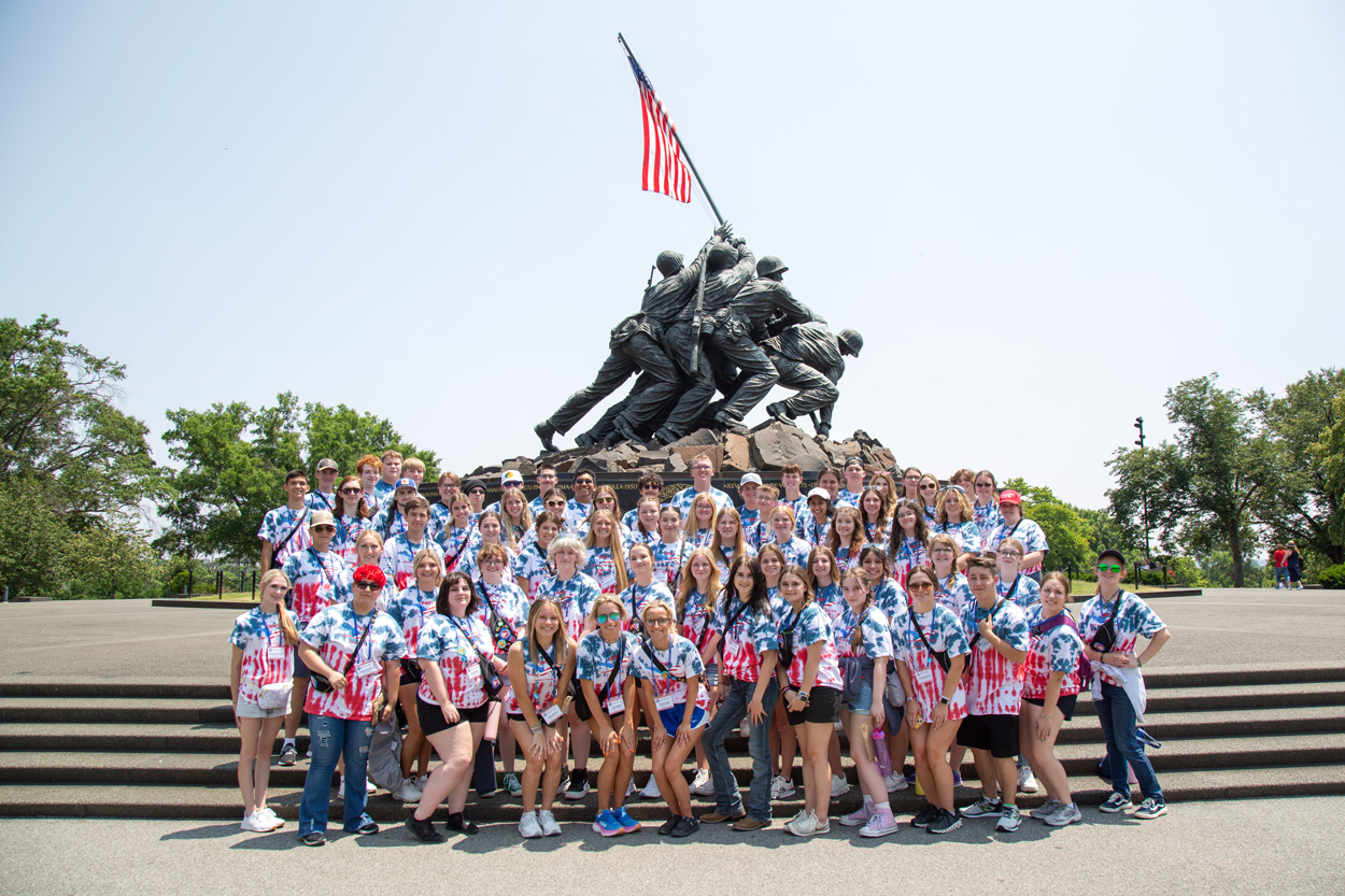 Youth Tour participants standing in front of the the Iwo Jima Memorial
